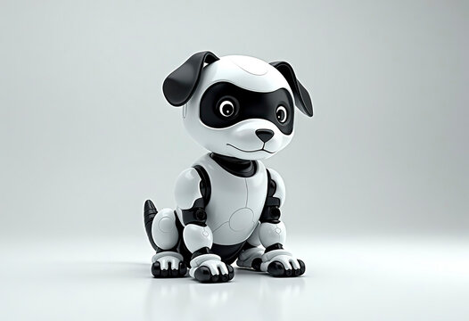 3D image of a robot dog sitting on a white floor and looking ahead. Studio lighting