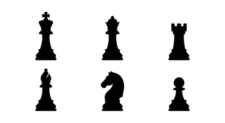 Chess Pieces Silhouettes, Strategy Game Icons, Board Game Elements, Black and White Vector Set © NST