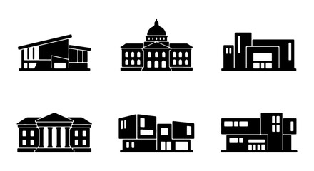 Naklejka premium Modern architecture vector icons, contemporary building silhouettes, government and museum structures, black and white graphic elements