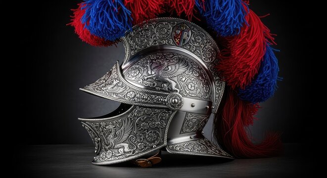 Ornate steel morion helmet featuring decorative engraving and majestic plumes, captured in a profile view with dramatic historical lighting, feathers, morion, glint