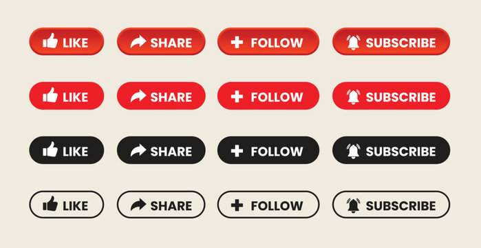 Social Media Call to Action Buttons Set with Like Share Follow and Subscribe Icons