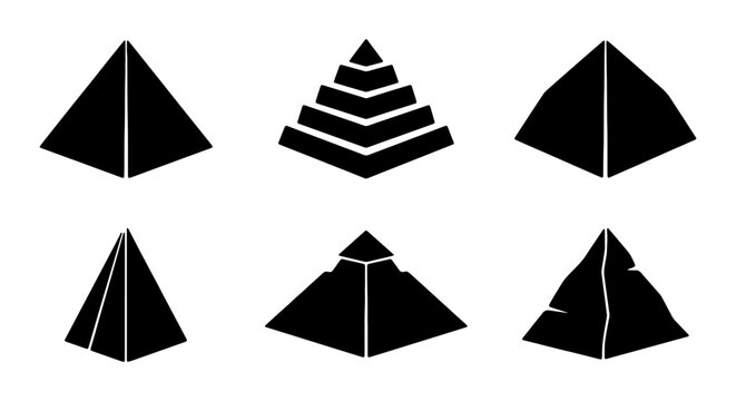 Geometric pyramid shapes, black solid 3D triangle icons, abstract architectural symbols vector set