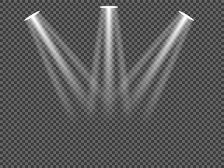 Three white spotlights shining down on a transparent background with gray checkered pattern © MD kibriya Ahamed 