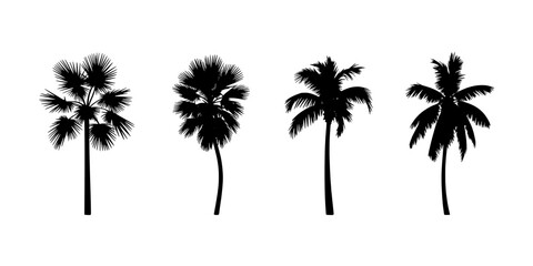 Obraz premium Palm tree silhouette set with tall trunks and detailed fronds for summer vacation icons and tropical graphics