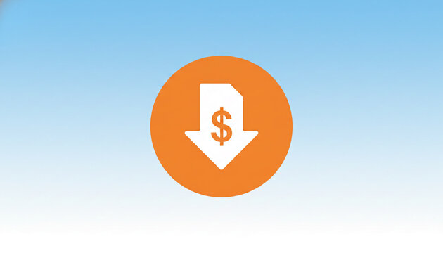 Orange circle with downward arrow and dollar sign, symbolizing cost reduction or economic decline, representative of financial trends.