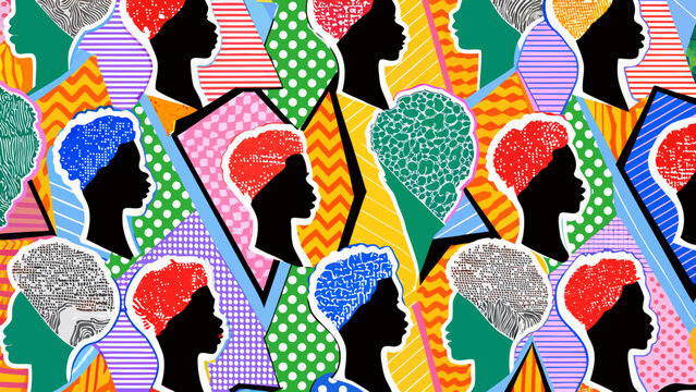 Colorful vector illustration featuring repeating silhouettes of heads with patterned fills and geometric backgrounds african inspired anthropomorphic artistic background bold bright community