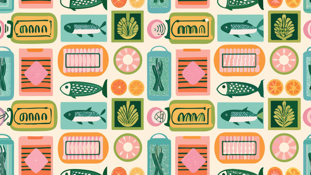 Retro patterned illustration featuring fish citrus fruit and stylized kitchenware in a repeating arrangement 1950s abstract background colorful decorative design flat