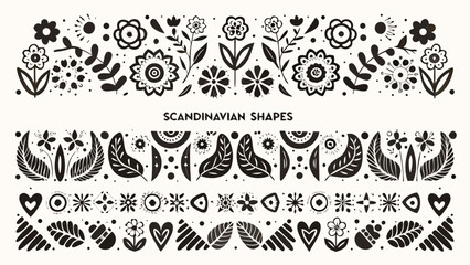 Black floral ornament arrangement with stylized leaves and hearts on a white background scandinavian shapes flower foliage heart design pattern vector © Prosit