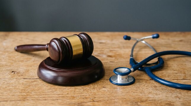 Medical malpractice law concept with gavel and stethoscope