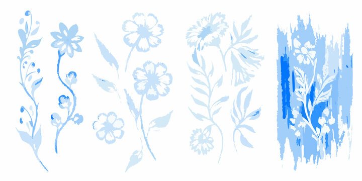 Delicate floral ornament in watercolor style with varying shades of blue against a white background botanical blossom branch brushstroke celeste cerulean