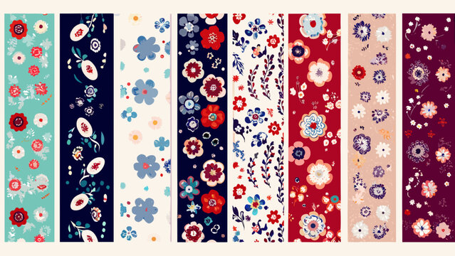 Floral ornament collection of eight rectangular cards with varied red white and blue botanical designs pattern flower arrangement illustration chintz blooms