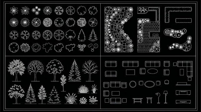 Floral Garden Border and Living Room Furniture CAD Block Collection with Elevation Line Drawings Blueprint Vector