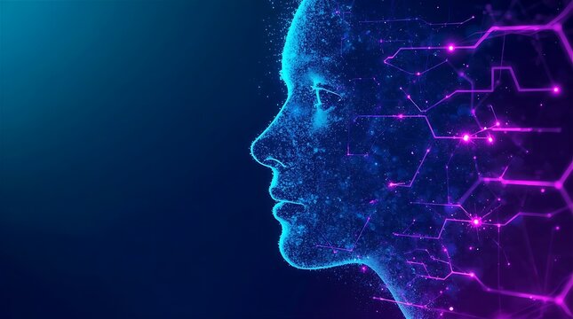  Abstract artificial intelligence background with glowing digital human face profile and circuit network