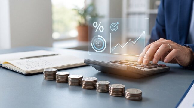 Business financial growth concept with calculator coins and holographic graph showing 75 percent saved in office setting