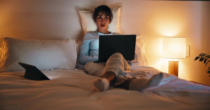 Night, remote work and woman with laptop in bedroom, creative and plan for ebook chapter with tablet. Happy, writer and mature person with tech for story development, home and novel deadline on web