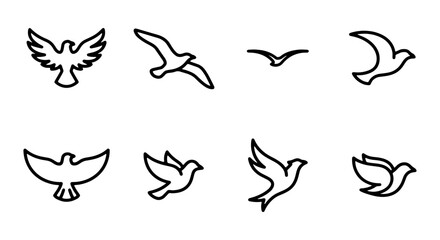 Obraz premium Minimalist Bird Icons, Elegant Flying Dove Silhouettes, Simple Avian Vector Set for Design