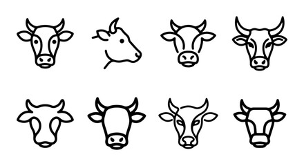 Fototapeta premium Cow Head Icons, Minimalist Cattle Face Vector Set, Farm Animal Line Art Graphics for Branding