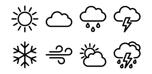 Obraz premium Weather forecast icons, minimalist climate symbols, meteorology vector graphics for apps and websites