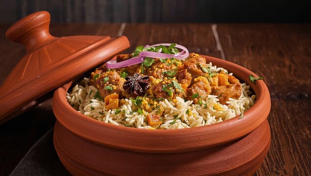 Delicious Kolkata mutton biryani in a clay pot, featuring fragrant rice, tender meat, and a rich curry, adorned with vibrant spices.