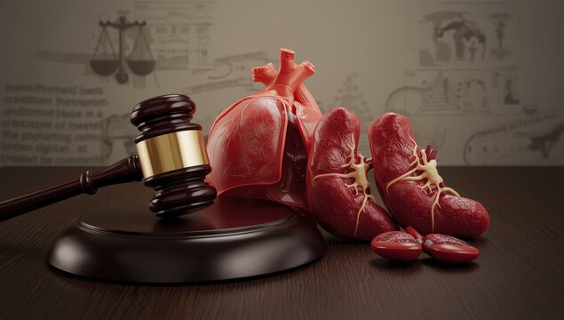 A gavel next to human organs, representing medical ethics, healthcare laws, organ donation regulations, and bioethics in contemporary medicine.