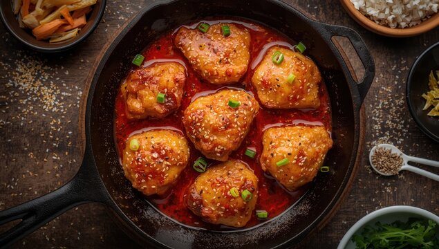 Close-up of spicy South Korean grilled chicken, Buldak, on a pan. Top-down horizontal view.