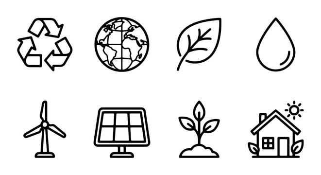 Eco-friendly line icons, sustainable energy vector set, environmental conservation symbols, nature protection graphics