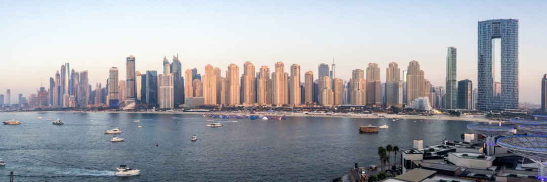 Dubai skyline on Bluewaters Island panorama with JBR Beach and Dubai Marina aerial view from above