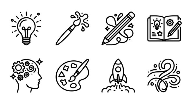 Creative process vector icons, artistic inspiration, design tools, innovation, idea generation set