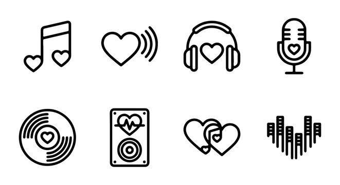 Love Music Icons, romantic audio symbols, heart-themed sound vector collection, 8 black line art graphics