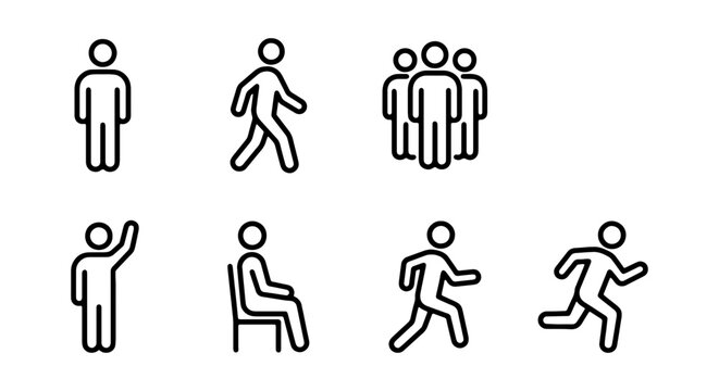 People pictogram vector icon set, diverse human figures in various poses, black outline graphics