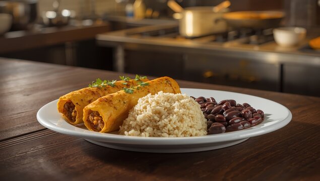 A plate featuring three taquitos, along with rice and beans.