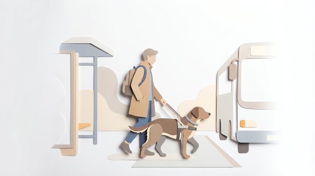 Minimalist 3D papercut of a visually impaired man traveling with a guide dog at a public bus stop