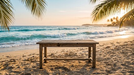 Fototapeta premium Empty wooden table on tropical beach at sunset idyllic coastal scene