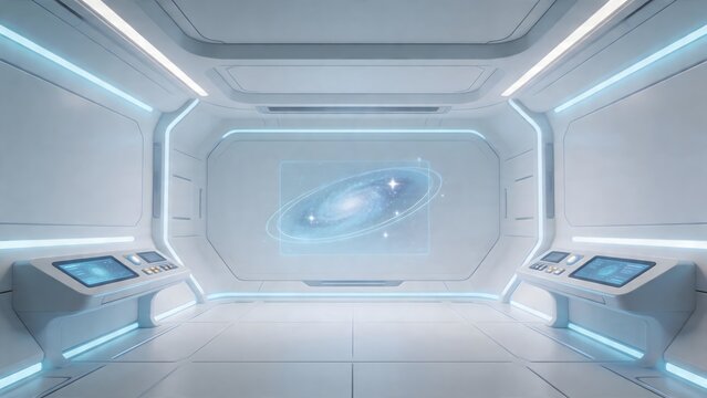 Futuristic space corridor with galaxy display
