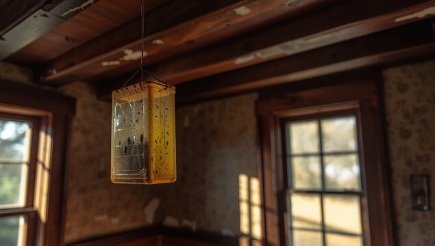 Adhesive insect trap suspended indoors.