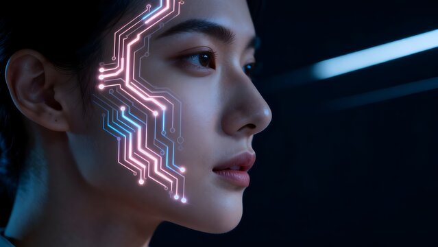 Woman with glowing circuit design on face