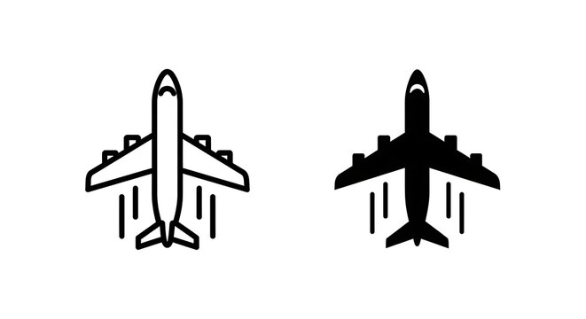 Airplane line art icons in side and front view minimalist black and white illustration