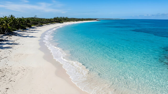A serene beach scene with gentle waves lapping at the shore under a clear blue sky with soft bokeh effect on the horizon