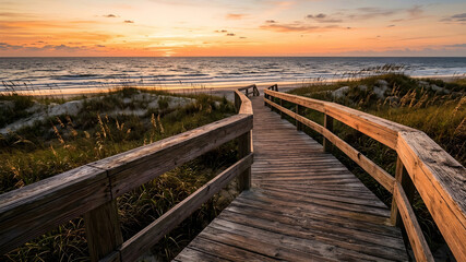Fototapeta premium A wooden boardwalk leading to the beach at sunset surrounded by dunes and sea grass with an ocean view