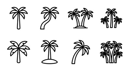 Fototapeta premium Palm Tree Icons, Tropical Island Vector Graphics, Summer Vacation Symbols, Beach Holiday Elements