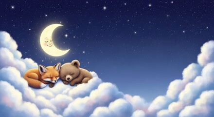 Fototapeta premium Adorable fox and bear sleeping on fluffy clouds under a smiling moon in a starry night sky with copy space for a storybook goodnight theme, nighttime, art, friends