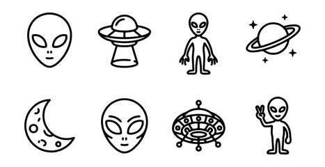 Alien Icons, UFO Spaceship Vector Graphics, Moon and Planet Symbols, Sci-Fi Iconography Set © VG