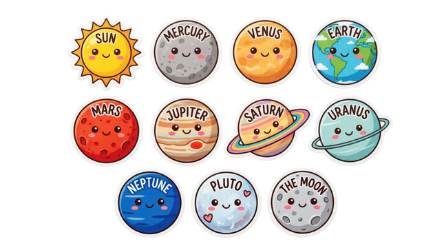 Solar system planets stickers with cute faces, cartoon style