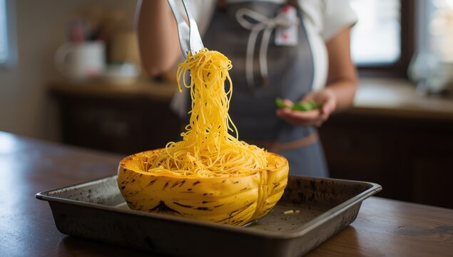 Baked spaghetti squash shredded with forks, set for serving on a pan.