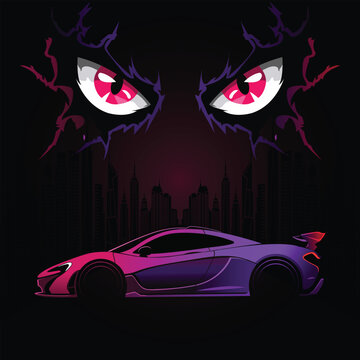 Cyberpunk Neon Supercar Vector with Anime Eyes and Futuristic Night City Background