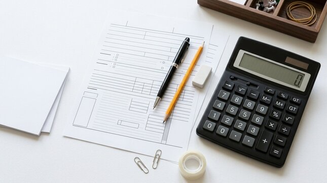 Calculator, Tax Form and Pen Flat Lay &mdash; Finance Accounting Overhead