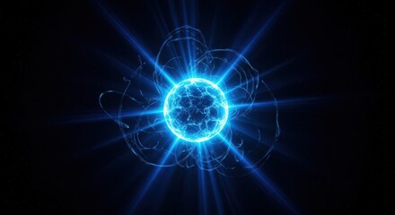 Naklejka premium A radiant orb of pure energy floats in a dark void, emitting vibrant blue light beams and swirling ethereal particles in a cosmic space, magic, glowing, phenomenon