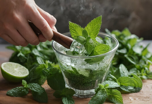 Preparing fresh mint mojito cocktail with muddler and lime