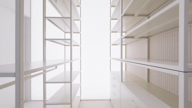 An empty walk-in closet shelving system turns on bright back wall lighting illuminating white wardrobe storage racks and drawers for residential apartment organization or home renovation.