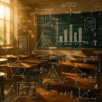 Another view of an academic classroom with a chalkboard covered in dense mathematical notations and geometric figures, highlighting the complexity of scientific and mathematical studies